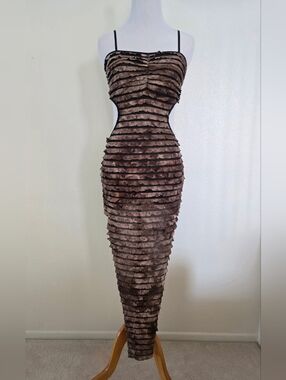 Custom-made Brown Ruffled Bodycon Midi Dress with Spaghetti Straps